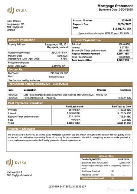 Download Iceland Kvika Banki mortgage statement Word and PDF template Photoshop template